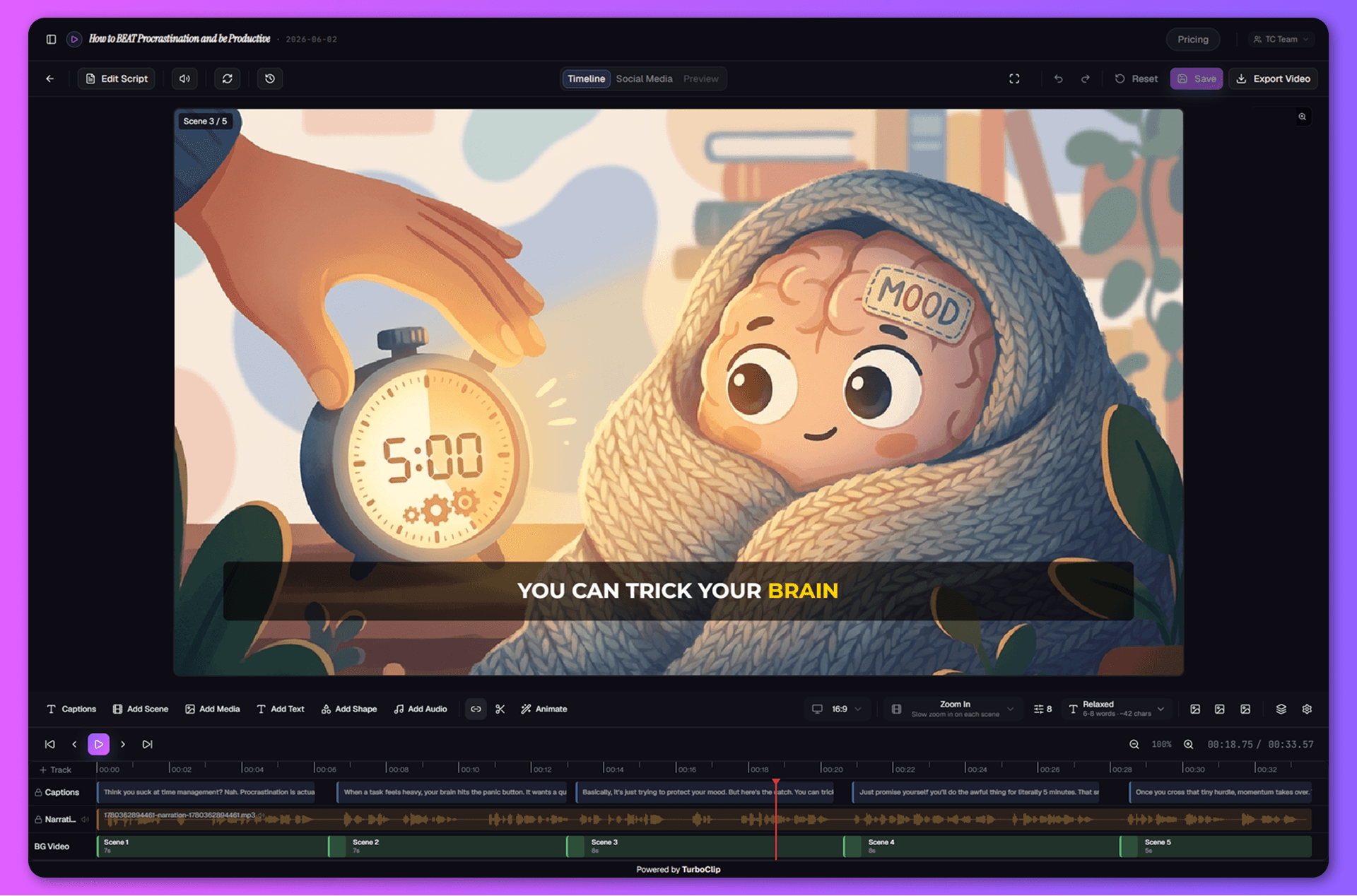 TurboClip Studio — the multi-layer timeline editor with scene images, narration, captions, and overlays on editable tracks.